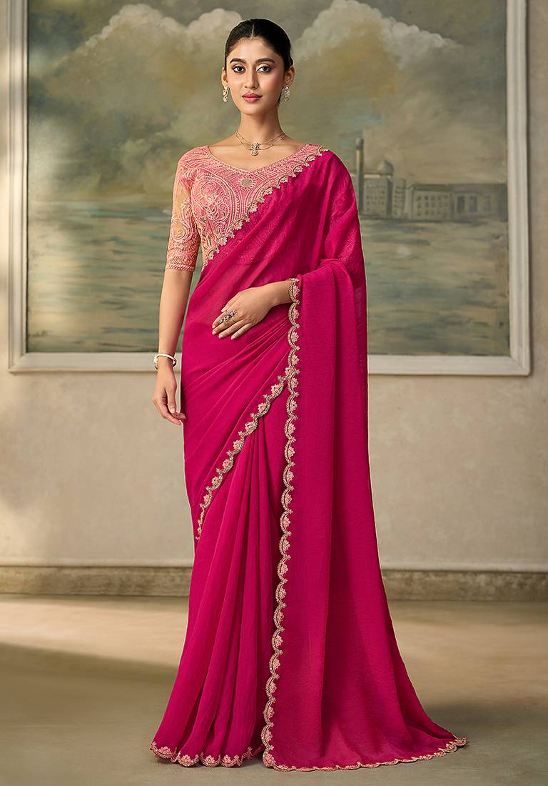 Rani pink faux georgette embroidered saree with blouse piece