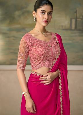 Rani pink faux georgette embroidered saree with blouse piece 2