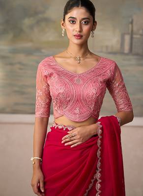 Rani pink faux georgette embroidered saree with blouse piece 3