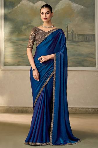 royal blue faux satin saree with embroidered lace border