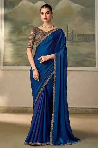 royal blue faux satin saree with embroidered lace border