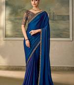 royal blue faux satin saree with embroidered lace border