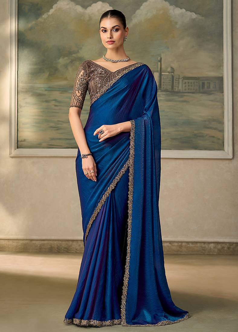 royal blue faux satin saree with embroidered lace border