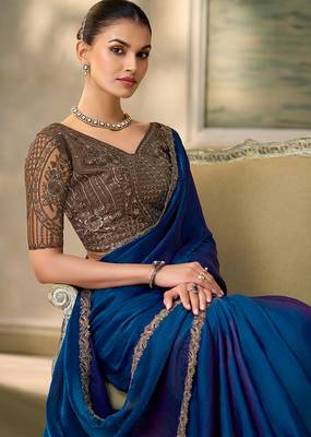 royal blue faux satin saree with embroidered lace border 2