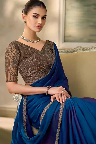 royal blue faux satin saree with embroidered lace border