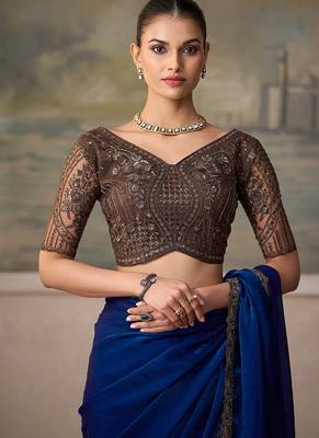 royal blue faux satin saree with embroidered lace border 3