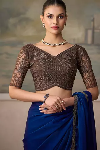 royal blue faux satin saree with embroidered lace border