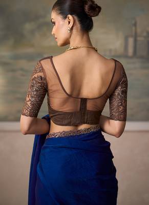 royal blue faux satin saree with embroidered lace border 4