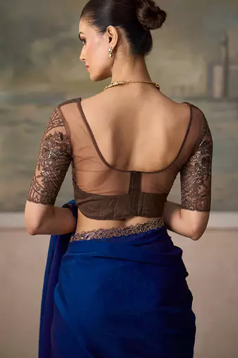 royal blue faux satin saree with embroidered lace border