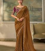 Brown faux georgette embroidered saree with wine blouse
