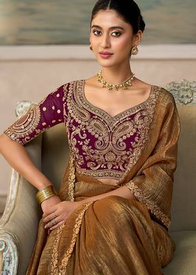 Brown faux georgette embroidered saree with wine blouse 2