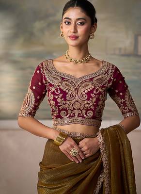Brown faux georgette embroidered saree with wine blouse 3