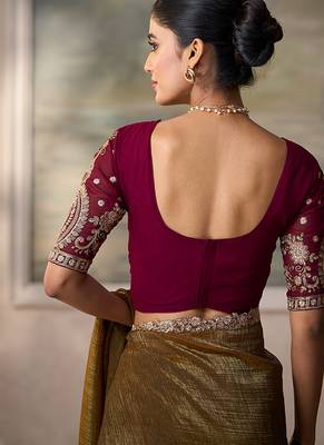 Brown faux georgette embroidered saree with wine blouse 4