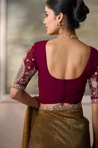 Brown faux georgette embroidered saree with wine blouse