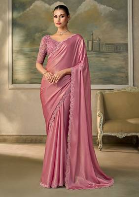 Blush pink faux chiffon embroidered saree with blouse piece 1