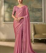 Blush pink faux chiffon embroidered saree with blouse piece