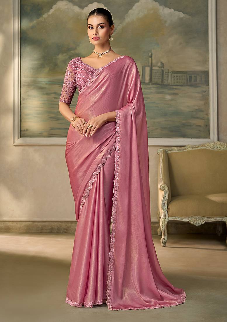 Blush pink faux chiffon embroidered saree with blouse piece