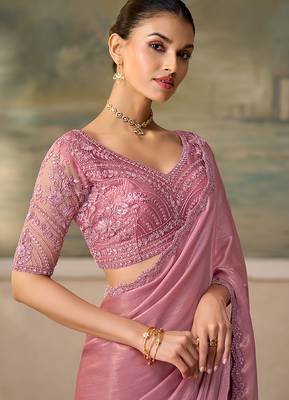 Blush pink faux chiffon embroidered saree with blouse piece 2