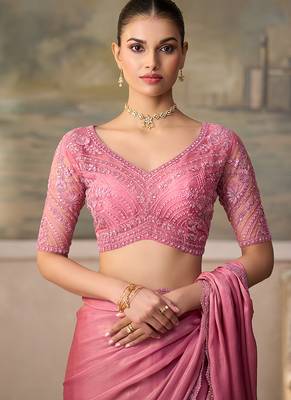 Blush pink faux chiffon embroidered saree with blouse piece 3