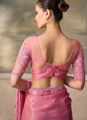 Blush pink faux chiffon embroidered saree with blouse piece 4