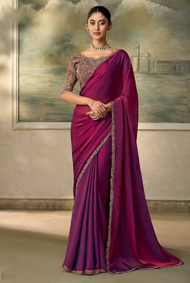 magenta faux satin saree with embroidered tussar silk blouse 1
