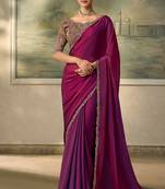 magenta faux satin saree with embroidered tussar silk blouse