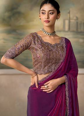 magenta faux satin saree with embroidered tussar silk blouse 2