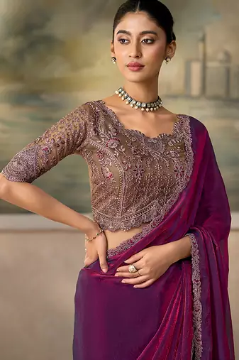 magenta faux satin saree with embroidered tussar silk blouse