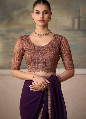 magenta faux satin saree with embroidered tussar silk blouse 3