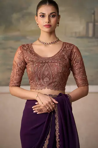 magenta faux satin saree with embroidered tussar silk blouse