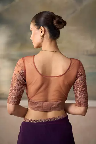magenta faux satin saree with embroidered tussar silk blouse