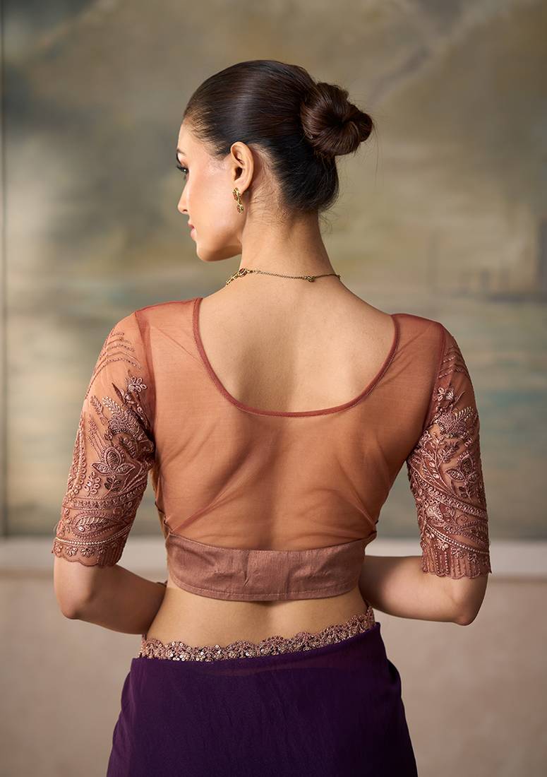 magenta faux satin saree with embroidered tussar silk blouse