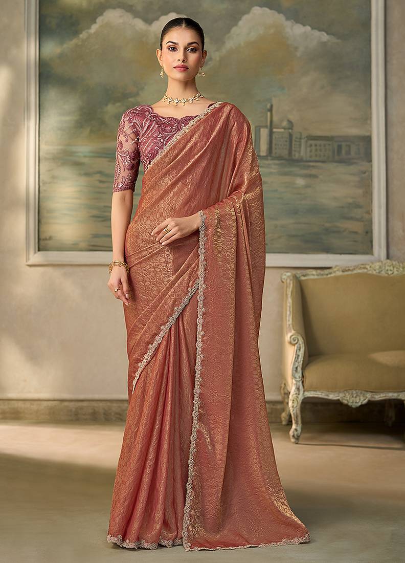 Rust faux georgette saree with-embroidered tussar blouse