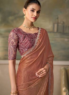 Rust faux georgette saree with-embroidered tussar blouse 2