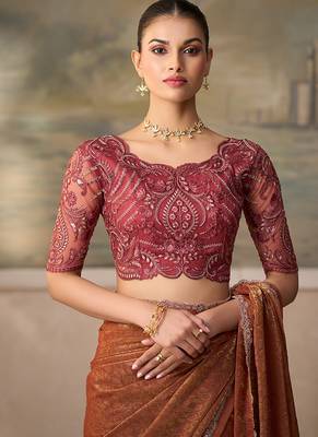 Rust faux georgette saree with-embroidered tussar blouse 3