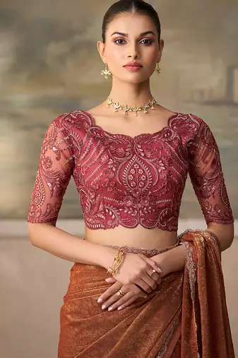 Rust faux georgette saree with-embroidered tussar blouse