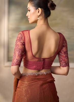 Rust faux georgette saree with-embroidered tussar blouse 4