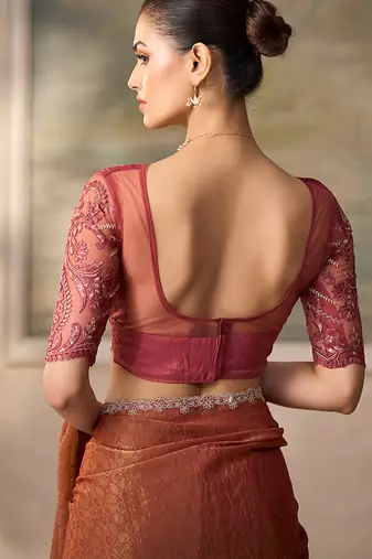 Rust faux georgette saree with-embroidered tussar blouse
