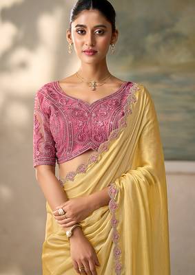 Light yellow faux chiffon saree with embroidered tussar blouse 2