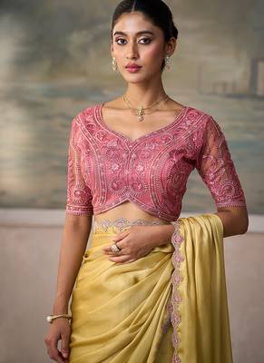 Light yellow faux chiffon saree with embroidered tussar blouse 3
