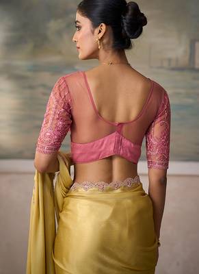 Light yellow faux chiffon saree with embroidered tussar blouse 4