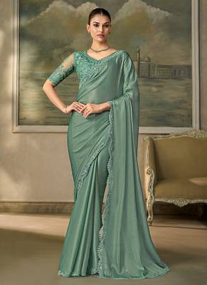 Sea green faux chiffon saree with embroidered blouse 1