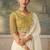 Off-white faux georgette saree with embroidered olive tussar blouse