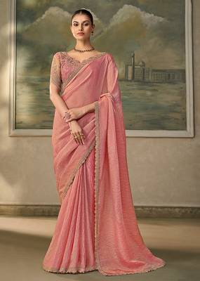 Peach pink faux tissue saree with embroidered blouse 1