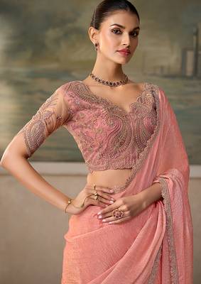 Peach pink faux tissue saree with embroidered blouse 2