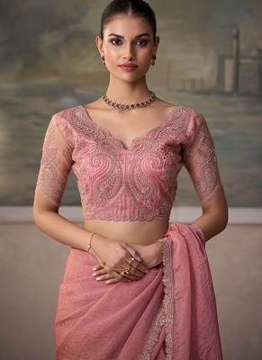 Peach pink faux tissue saree with embroidered blouse 3