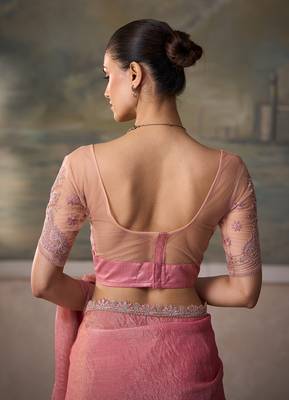 Peach pink faux tissue saree with embroidered blouse 4