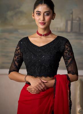 Red faux chiffon saree with black embroidered border and  blouse 3
