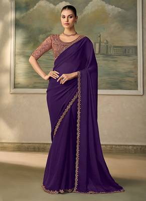 Dark purple faux  georgette saree with embroidered border & rose-gold blouse 1