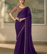 Dark purple faux  georgette saree with embroidered border & rose-gold blouse